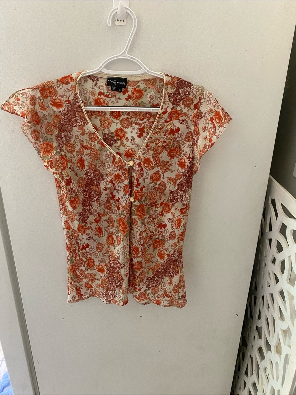 Y2K My Michelle Orange Floral V-Neck Button-Front Blouse